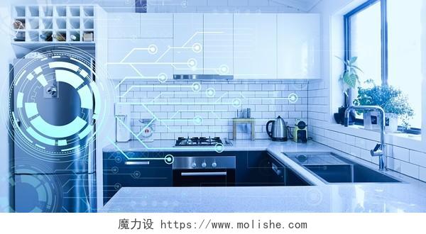 蓝色科技感厨房线条圆环智能家居展板背景